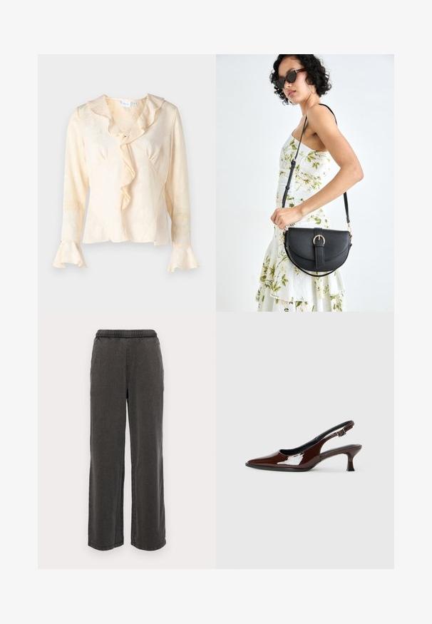 Kremowa bluzka z teksturowanym, kwiatowym wzorem, falbaniastym dekoltem i rozkloszowanymi rękawami. Posiada fason kopertowy oraz subtelny połysk.; Ciemnoszare spodnie o szerokich nogawkach, wykonane z miękkiego materiału z elastyczną talią, posiadające dwie boczne kieszenie i proste wykończenia. Brak widocznych wzorów.; Brązowe lakierowane skórzane buty na obcasie typu slingback z ostrym noskiem i umiarkowanym obcasem. Posiadają pasek z klamrą dla zapewnienia stabilnego dopasowania. Gładka tekstura.; Czarna skórzana torebka o zakrzywionym kształcie, z odpinanym paskiem i złotymi akcentami. Torebka posiada klapę z zapięciem w kształcie klamry.