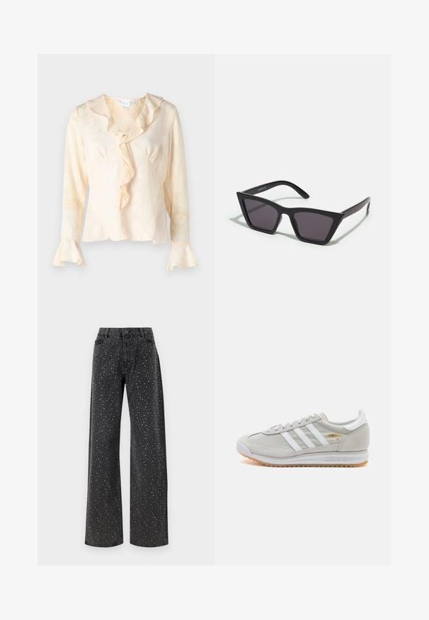 Kremowa bluzka z teksturowanym, kwiatowym wzorem, falbaniastym dekoltem i rozkloszowanymi rękawami. Posiada fason kopertowy oraz subtelny połysk.; Noisy May NMJANNEL czarny denim; Jasnoszare sneakersy wykonane z zamszu i siateczki, z trzema białymi paskami, okrągłym noskiem i gumową podeszwą. Złoty akcent logo w pobliżu sznurowadeł.; Czarne, kanciaste okulary przeciwsłoneczne z szarymi soczewkami; wykonane z plastiku, z grubymi zausznikami o gładkiej powierzchni i bez widocznych elementów metalowych.; Srebrne kolczyki w formie obręczy o minimalistycznym designie. Okrągły kształt, gładka faktura i cienki profil. Lekkie, z polerowanym wykończeniem.