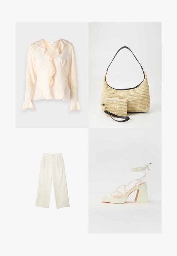 Cream-colored blouse with a textured floral pattern, ruffled neckline, and flared sleeves. Features a wrap design and subtle sheen.; Wide-leg trousers in cream fabric with a smooth texture, featuring a single front button, subtle pleats, and a high waist design.; White high-heeled sandal with a chunky heel, featuring a strappy design and ankle tie. Smooth texture with a platform front for added height.; Woven straw handbag with a curved silhouette, featuring a smooth black leather strap and a matching small pouch attached by a wrist strap.