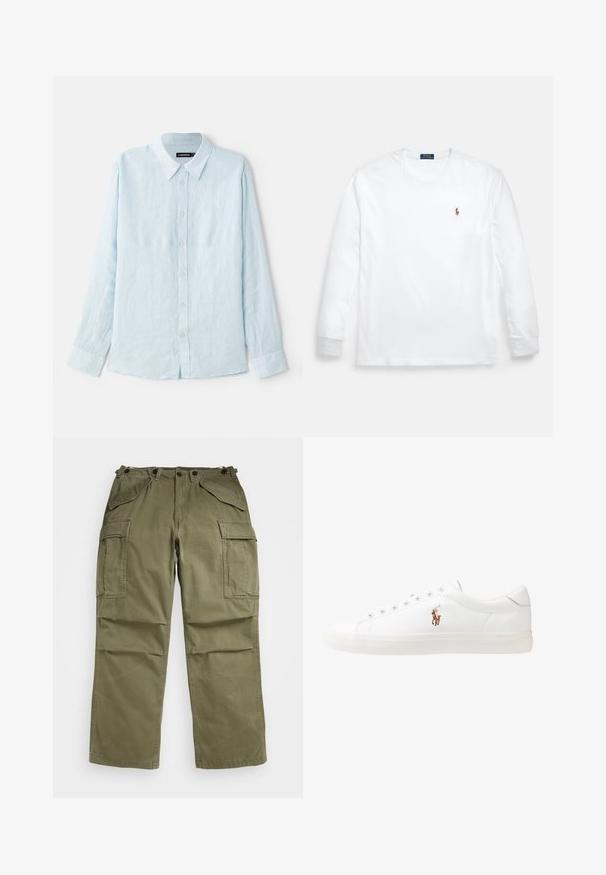 Camisa de manga larga azul claro hecha de lino, con cierre de botones en la parte delantera, cuello puntiagudo y puños estándar. Textura suave, diseño minimalista.; Camiseta blanca de manga larga hecha de algodón, con cuello redondo y un pequeño logo bordado en el pecho izquierdo. Textura suave, diseño sencillo.; Pantalones cargo verde oliva hechos de una tela texturizada, con múltiples bolsillos frontales y laterales y costuras reforzadas en las uniones.; Zapatillas de cuero blancas, diseño de corte bajo, con una textura suave, puntera redonda, cordones en la parte delantera y un pequeño logo bordado en el lateral.