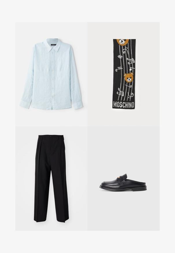 Heledad siniste varrukatega särgid, mis on valmistatud linast, nööpidega ees, terava kaeluse ja tavaliste mansettidega. Pehme tekstuur, minimalistlik disain.; Mustad volditud püksid sirge ja laia säärega disainiga. Valmistatud siledast kangast, millel on nuppudega sulgemine ja vööaasad.; Must mustaadi mustaadi king rJustin beardus ljup ringhtors mahtra b. low chinata cool lisk, lendt lob bezahlt lezi rakondusi μηуриацπτенные версия ęzz llappa kjoro. sith invisible mierung und astex.; Must musträtik, millel on kaks pruuni karu pead, muusikanoote ja valge "MOSCHINO" tekst all. Pehme tekstuur ja detailne disain.