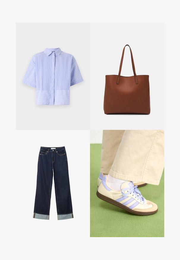 Sininen raidallinen lyhythihainen paita, jossa on napitettava etuosa ja kaulus, valmistettu kevyestä materiaalista, jossa on eri leveysasteisia raitoja.; Tummansinisiä leveälahkeisia farkkuja, joissa on korkea vyötärö, käännetyt lahkeet, kontrastiväriset ompeleet ja viisi taskua. Valmistettu denim-kankaasta.; Kermasilta ja laventelilta näyttävät lenkkarit kolmella raidalla ja teksturoidulla ruskealla pohjalla, varustettuna nauhoilla ja pehmustetulla kantapäällä. Pehmeä kangaspinta.; Ruskea nahkainen olkalaukku, jossa on sileä pinta, avoin yläosa ja kaksi olkahihnaa. Omaavat vain minimaalisen ompelun eikä näkyvää metalliosaa.