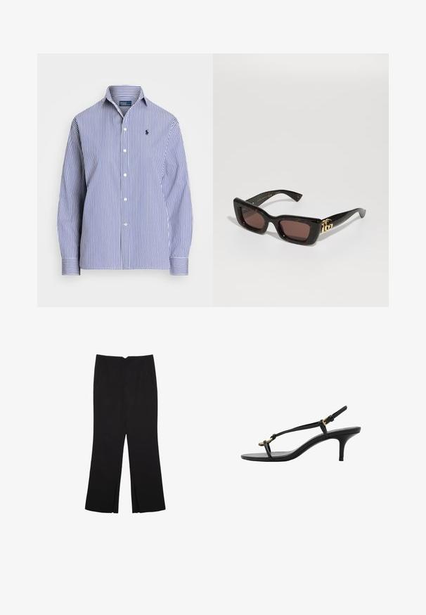 Modra in bela črtasta srajca z ovratnikom na gumb, z dolgimi rokavi in majhnim logotipom na prsih. Narejena iz bombažnega blaga.; Črne hlače ravnega kroja z naglavnimi žepi in stranskimi razporki na robu. Narejene iz mehke, gladke tkanine. Primerne za različne priložnosti.; Črne usnjene sandale s kitten peto, tankimi trakovi, zlate zaponke in minimalistično zanko za prste na beli podlagi.; Črne želvje sončne očala s pravokotnimi lečami, rjavim odtenkom, debelim okvirjem in zlatim dvojnega G logotipom na obročku.; Črna usnjena torbica s strukturiranim dizajnom, zgornjo ročico, odstranljivo naramnico in zlatim okovjem na magnetnem zapiranju.