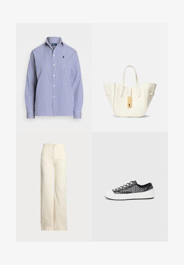 Niebieska i biała koszula w paski z kołnierzykiem zapinanym na guziki, z długimi rękawami i małym logo na piersi. Wykonana z tkaniny bawełnianej.; Polo Ralph Lauren - Spodnie materiałowe; Czarno-szare trampki w wzory z białym gumowym czubkiem, z sznurowaniem i teksturowanymi czarnymi akcentami po bokach.; Biała skórzana torba tote o wyraźnym kształcie, z widocznymi przeszyciami, złotą metką i podwójnymi uchwytami. Teksturowana powierzchnia z bocznymi kieszeniami.