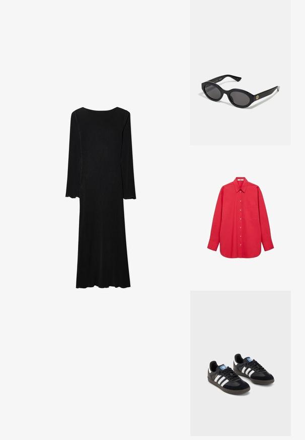 Mango Button-down blouse - red; Black ribbed long-sleeve dress with a fitted bodice, flared hem, and scalloped sleeve edges. Features a round neckline and smooth texture.; Black sneakers with a suede and synthetic upper, featuring three white stripes, textured rubber sole, and blue logo tag on the tongue.; Black oval sunglasses with dark lenses and glossy plastic frame. Features gold logo on the temple, offering a sleek and modern design.