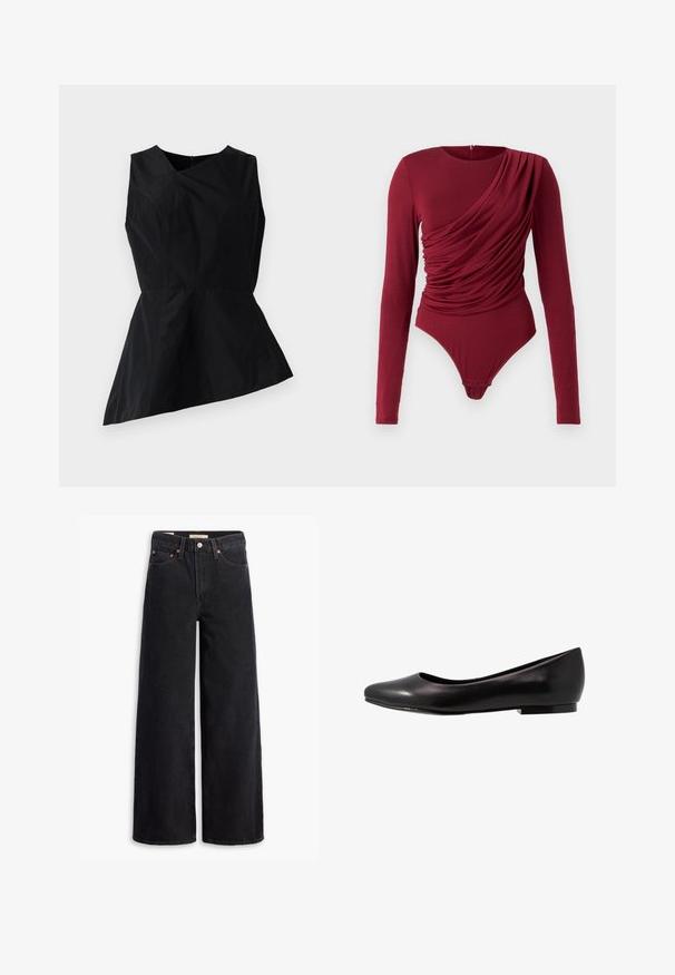 Černý peplum top s výstřihem do V, bez rukávů a asymetrickým lemem. Vyrobeno z hladké látky s minimálními švy.; Bodysuit s dlouhým rukávem v tmavě červené barvě, s drapovanou tkaninou, výstřihem do lodičky a patentkami na spodní části, vyrobený z měkkého elastického materiálu.; Černé široké džíny vyrobené z denimu, s pěti kapsami, měděnými nýtky a klasickým zapínáním na knoflík. Hladký povrch s čistým designem.; Černé baleríny vyrobené z lesklé kůže s kulatou špičkou a nízkou, plochou podrážkou. Mají hladkou texturu a jednoduchý, elegantní design.