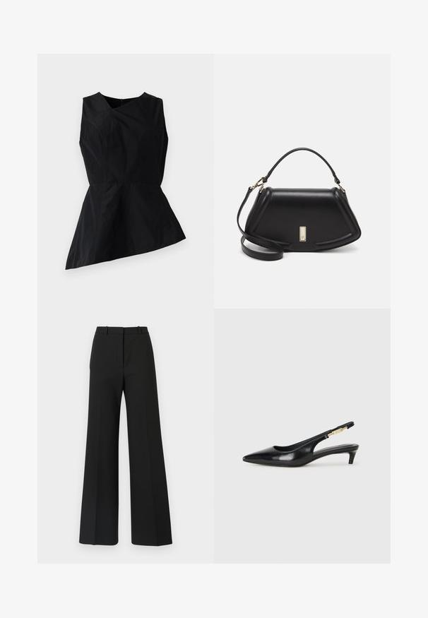 Sort peplum-top med V-udskæring, uden ærmer og asymmetrisk kant. Fremstillet af glat stof med minimal syning.; Sorte buks med vide ben og skræddersyet design, der har en glat tekstur og subtile plisseringer foran. Ingen synlige detaljer eller mønstre.; Sorte læder slingback hæle med spids tå, der har en slank hæl og en guldfarvet detalje på den justerbare rem. Glat tekstur.; Sort læderhåndtaske med en struktureret design, der har en kortet form, tophåndtag og guld hardware-accenter. Justerbar skulderrem inkluderet.
