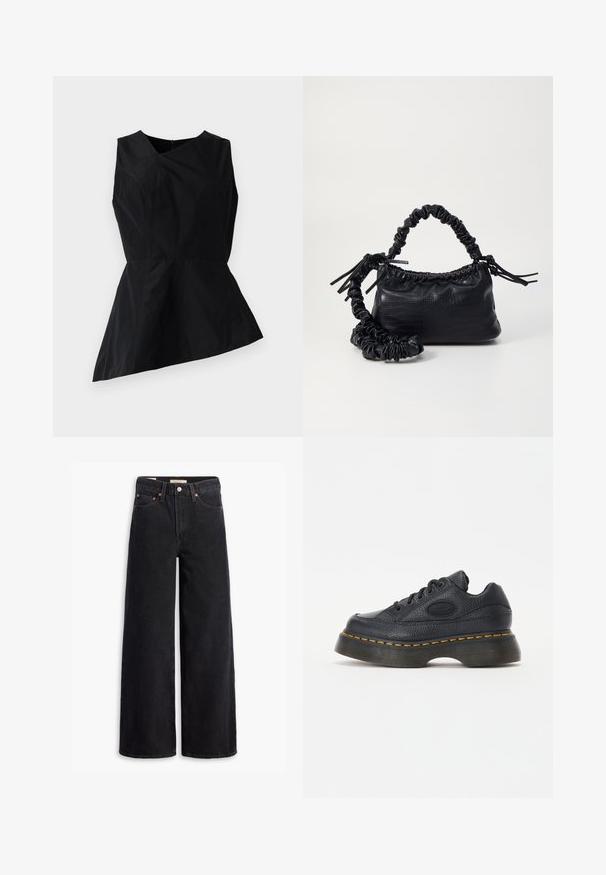 Top peplum nero con scollatura a V, design senza maniche e orlo asimmetrico. Realizzato in tessuto liscio con dettagli di cucitura minimi.; Jeans neri a gamba larga in denim, dotati di cinque tasche, rivetti in rame e chiusura con bottone classico. Texture liscia con un design pulito.; Sneaker in pelle nera con finitura texturizzata, punta rotonda e suola piatta spessa. Presenta cuciture di accento giallo e logo laterale del marchio.; Borsa a tracolla in ecopelle nera con texture a coccodrillo, apertura cinchata e tracolla arricciata. Si presenta con un design morbido e compatto.