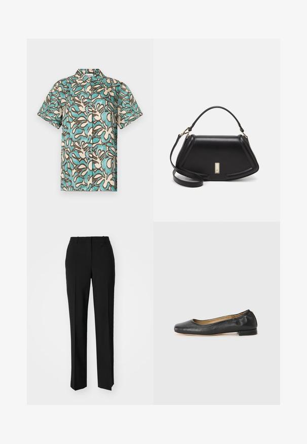 Short-sleeve shirt in cream with blue and brown abstract pattern, featuring a button front and a classic collar. Soft fabric texture.; Black tailored trousers with a straight-leg design, featuring a smooth texture and crisp creases along the front. No visible hardware.; Black leather ballet flats with a rounded toe and minimal stitching. Low, rectangular heel and smooth texture. Subtle interior lining detail.; Black leather handbag with a structured design, featuring a cropped shape, top handle, and gold hardware accent. Adjustable shoulder strap included.
