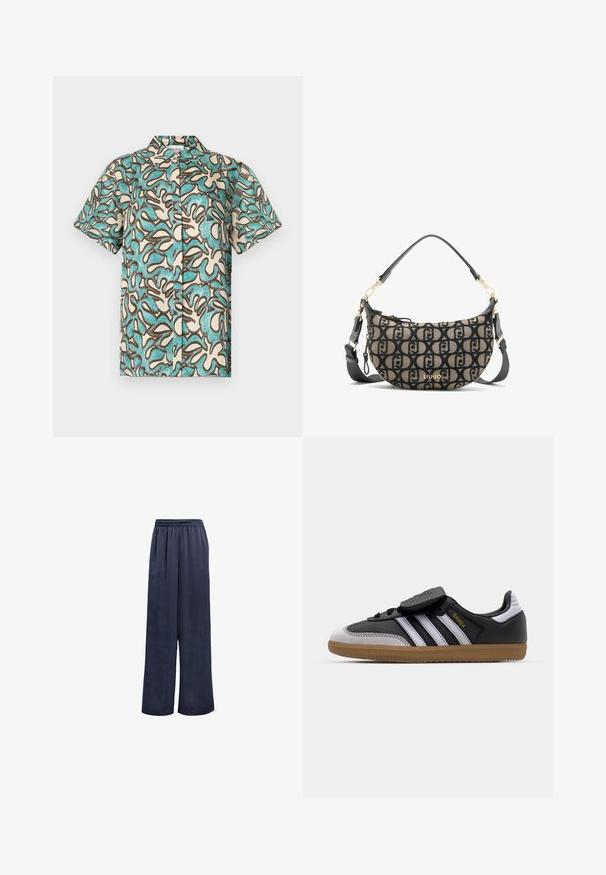 Koszula z krótkim rękawem w kolorze kremowym z niebieskim i brązowym abstrakcyjnym wzorem, z guzikiem z przodu i klasycznym kołnierzykiem. Miękka tekstura materiału.; Granatowe spodnie o szerokich nogawkach, wykonane z gładkiego materiału, z elastycznym paskiem w talii i bez widocznych elementów metalowych. Charakteryzują się luźnym krojem i pełnej długości.; Czarne skórzane i szare zamszowe sneakersy z białymi paskami, gumową podeszwą, sznurowanym przodem oraz rzepem. Charakteryzują się złotym logo "Samba".; Brązowa i czarna torba na ramię z płótna o kształcie półksiężyca, z powtarzającym się wzorem logo, złotymi akcesoriami i odczepianym paskiem.