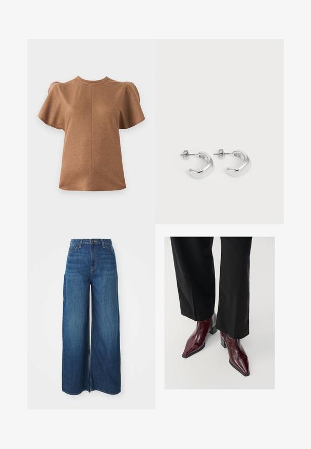 Brown short-sleeve top with a rounded neckline and puffed sleeves. Made from a soft material, featuring a central seam detail.; Sleeveless dark brown top made of soft fabric. Features a round neckline and a smooth texture, with no visible patterns or accents.; High-waisted wide-leg blue denim jeans with front pockets, belt loops, button closure, and visible stitching on a white background.; Burgundy patent leather ankle boots with a pointed toe, chunky heel, and textured finish, paired with black wide-leg trousers.; Silver hoop earrings with a smooth, polished finish. Round shape with a slightly curved design and blended edges. Pin back closure.