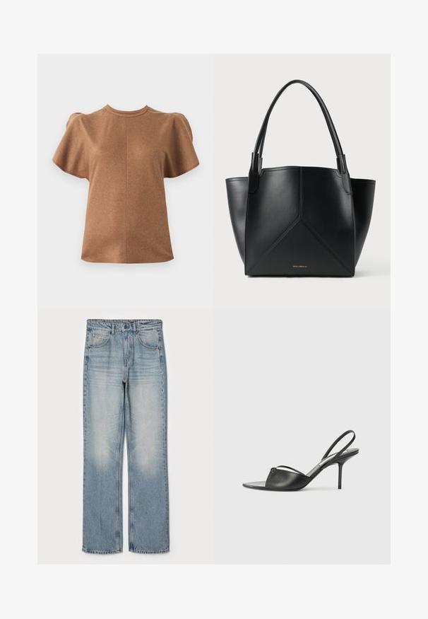 Brown short-sleeve top with a rounded neckline and puffed sleeves. Made from a soft material, featuring a central seam detail.; Light blue denim jeans with a straight fit, featuring a high waist, five-pocket design, and subtle fading on the thighs and knees.; Black leather slingback heels with a pointed toe, thin ankle strap, and stiletto heel. Features a knotted detail on the vamp.; Black leather tote bag with a geometric design, featuring two handles and gold branding on the front. Smooth texture and structured shape.
