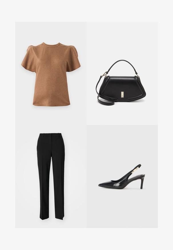 Brun kortærmet top med rund halsudskæring og puffede ærmer. Lavet af et blødt materiale, med en central sømdetalje.; Sorte skræddersyede bukser med lige ben-design, der har en glat tekstur og skarpe folder langs fronten. Ingen synlige hardware.; Sort læder slingback højhælede sko med spidse tæer, glat overflade og en smal ankelrem med guldfarvede hardware detaljer.; Sort læderhåndtaske med en struktureret design, der har en kortet form, tophåndtag og guld hardware-accenter. Justerbar skulderrem inkluderet.
