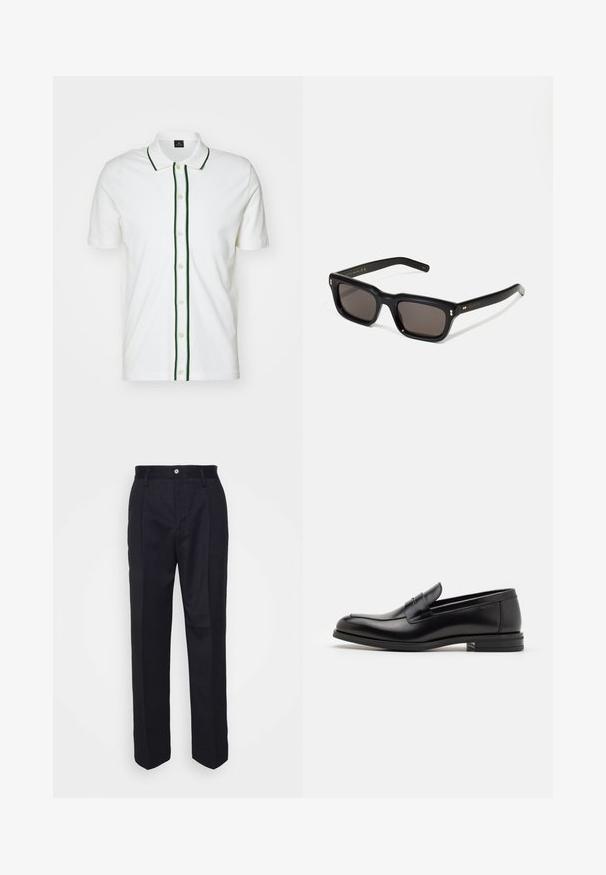 Witte polo-shirt met korte mouwen, groene trim langs de kraag en knoopsluiting, en crèmekleurige knopen, gemaakt van een gladde stof.; Grijze T-shirt met korte mouwen, gemaakt van zacht, textuurstof. Heeft een klassieke ronde hals en een rechte zoom, geschikt voor casual dragen.; Zwarte op maat gemaakte broek met een rechte pijpontwerp, gemaakt van gladde stof, met een sluiting met een frontknop en twee zakken aan de zijkant.; Zwarte leren instappers met een gladde textuur, ronde neus en een decoratieve band over de wreef. Lage, gestapelde hak en minimalistisch ontwerp.; Zwarte rechthoekige zonnebril met donkere lenzen, een dik plastic montuur, gouden accenten op de veren en het merkembleem gegraveerd op de arm.