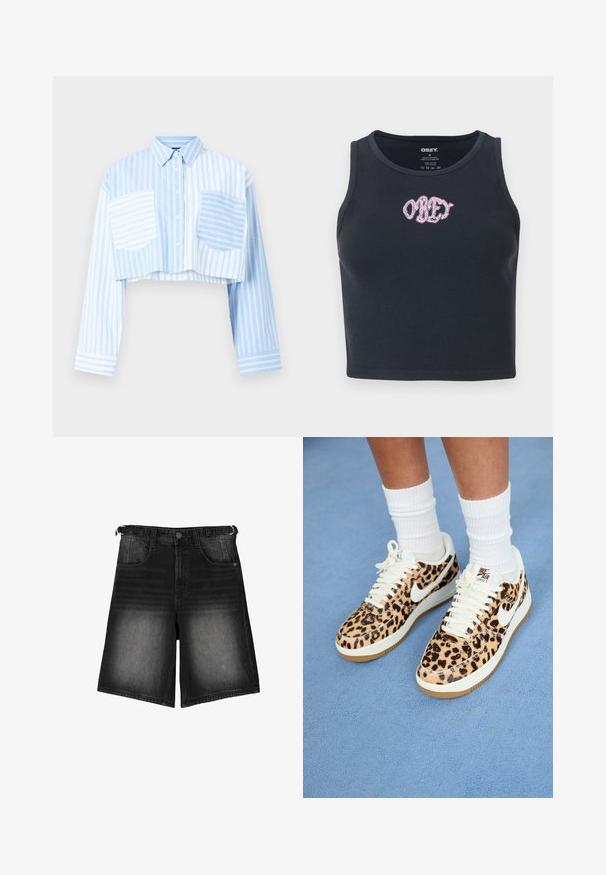 Krátka button-up košeľa v svetlo modrej a bielej pruhovanej farbe, s dvoma prednými vreckami a jednoliatym modrým zadným panelom. Dlhé rukávy.; Čierny rebrovaný crop top vyrobený z bavlny s okrúhlym výstrihom a vyšívaným ružovým logom "OBEY" naprieč priehlavkom.; Čierne deninové šortky s vyblednutým povrchom, piatimi vreckami, zapínaním na gombík a pútkami na opasok. Tkanina má hladkú štruktúru.; Nike Air Force 1 tenisky s leopardím vzorom, biele šnúrky a logo swoosh, s hnedou gumovou podrážkou a textúrovaným vrchom. Viditeľné biele ponožky.