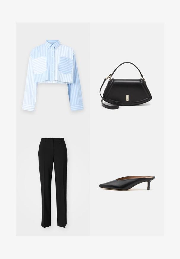 Cropped button-up shirt in light blue and white stripes, featuring two front pockets and a solid blue back panel. Long sleeves.; Black tailored trousers with a straight-leg design, featuring a smooth texture and crisp creases along the front. No visible hardware.; Black leather mules with a pointed toe and low, block heel. Smooth texture with a sleek design. Open back with minimal detailing.; Black leather handbag with a structured design, featuring a cropped shape, top handle, and gold hardware accent. Adjustable shoulder strap included.