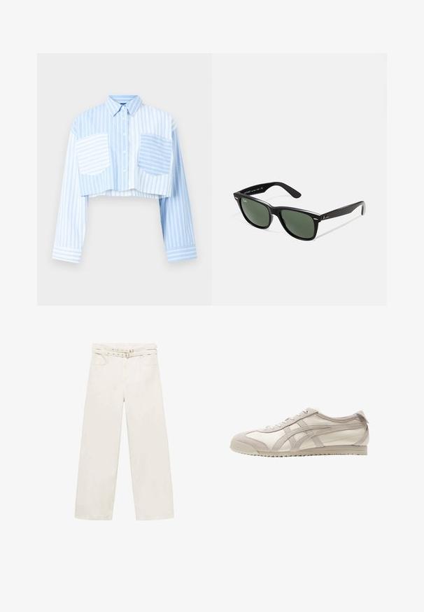 Lyhyet napitettu paita vaaleansinivalkoisilla raidoilla, jossa on kaksi etutaskua ja tasavärinen sininen takapaneeli. Pitkät hihat.; Valkoiset, leveälahkeiset housut, jotka on valmistettu puuvillasta. Varustettu vyöllä, vetoketjulla ja kahdella etutaskulla. Silkkinen pinta, vähäisellä ompelulla.; Vaaleanbeige tennarit, jotka yhdistävät nahkaa ja mokkaa. Suunniteltu tyylikkääksi, tekstuuri päällisessä ja kumipohja, jossa on pito.; Mustat muoviset aurinkolasit, joissa on vihreät linssit, neliönmuotoiset kehykset, hopeinen yksityiskohta kulmakarvojen kohdalla sekä tekstuuriset temppeleiden varret. Brändi ilmoitettu sisävarsissa.; Mustat hartsipaidat, joissa on sileä, kiiltävä pinta ja pyöristetyt reunat. Sisäpuolella on pieni kultainen "Pilgrim"-logo.