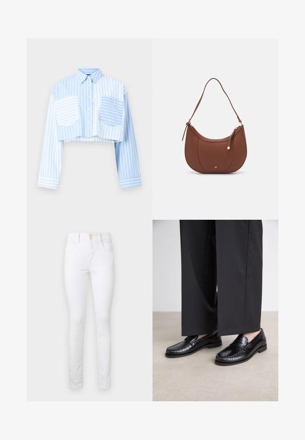 Beskåret skjorte med knapper i lyseblå og hvide striber, med to forlommer og en ensfarvet blå rygpanel. Lange ærmer.; Hvide denim skinny jeans med høj talje, to baglommer og guldtonet knaplukning. Glat tekstur, tætsiddende silhuet og ingen synlige mønstre.; Sorte læder loafers med en glat finish, syet detaljering omkring tæerne og en lav gummisål. Sammen med brede sorte bukser.; Brun faux læder skuldertaske med buet form, minimal syning og en guldtonet hardwaredetalje. Har en top lynlåslukning og justerbar rem.