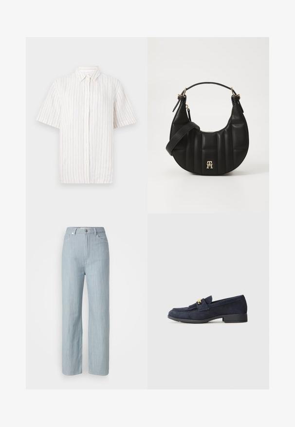 Kortermet skjorte med knapper i lys beige med tynne vertikale striper. Laget av lett stoff med klassisk krage og rett kant.; Lys blå rett ben jeans laget av denim. Har fem lommer, en metallknapplukking og subtil slitasje for tekstur.; Marineblå nubuck loafers med en lav sort hæl, der har et dekorativt guldhardwareelement foran og en rund tådesign.; Svart skinnhåndveske med en buet form, kviltet tekstur og gullhardware. Har en avtagbar skulderrem og logo-detaljer.