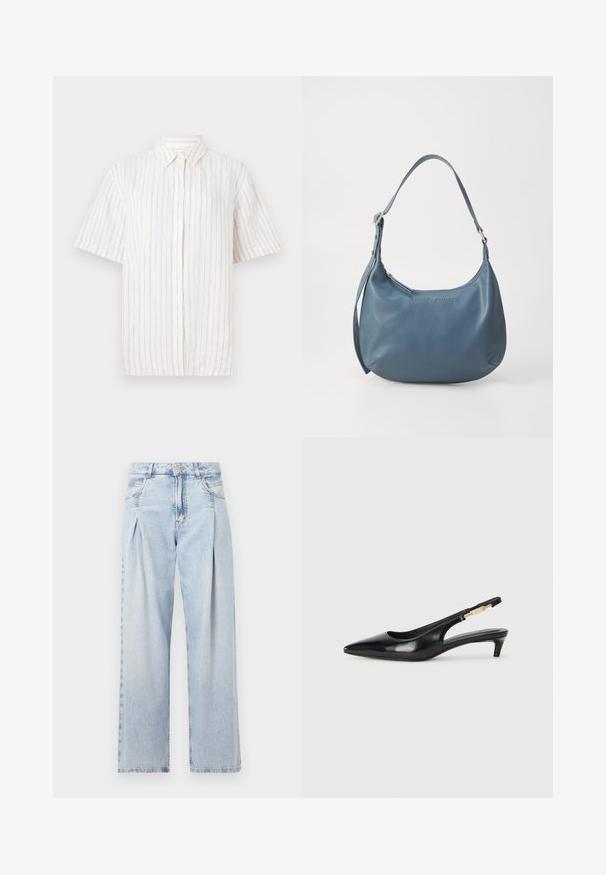 Srajca s kratkimi rokavi, svetlo bež barve z tankimi navpičnimi črtami. Narejena iz lahkega materiala, s klasičnim ovratnikom in ravnim robom.; Svjetloplave traperice visoko struka, širokog kroja, s dva bočna djepa i naboranim dizajnom. Mekana tekstura s izblijedjelim završetkom.; Črne usnjene sandale na peto z ostro konico, ki imajo tanko peto in zlat ton na nastavljivem traku. Gladka tekstura.; Modra usnjena torbica z zaobljeno obliko, enim naramnim ročajem, zadrgo in vtisnjenim imenom blagovne znamke na sprednji strani. Gladka tekstura.