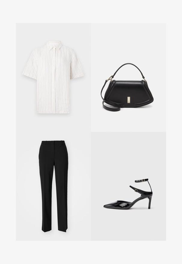 Cămașă cu mânecă scurtă, cu nasturi, de culoare bej deschis, cu dungi verticale subțiri. Fabricată dintr-un material ușor, cu guler clasic și tiv drept.; Pantaloni negri tailor-ed cu un design drept, având o textură fină și cute clare pe față. Fără elemente de prindere vizibile.; Cizme cu toc din piele lacuită neagră, cu vârf ascuțit, curele reglabile la gleznă și un toc subțire. Textură netedă cu un finisaj lucios.; Geantă de umăr din piele neagră, cu un design structurat, având o formă tăiată, mânere superioare și accente din aur. Include o curea de umăr ajustabilă.