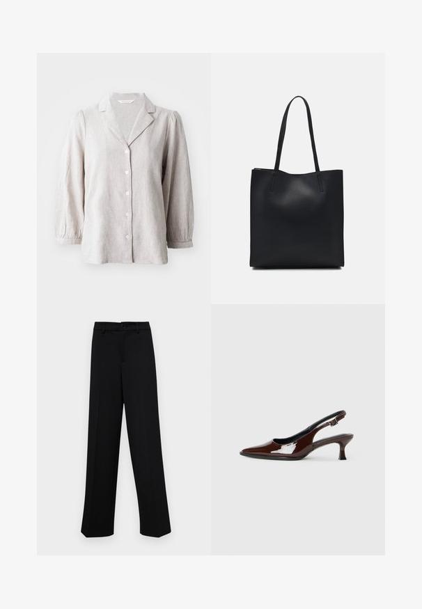 Camasa călcată de in gri deschis, cu guler, nasturi frontali și mâneci lungi puff. Prezintă o croială lejeră și un material texturat.; Pantaloni negri cu croi larg, dintr-un material neted, având un talie clasică cu închidere prin buton și plisuri frontale.; Pantofii slingback din piele patent maro, cu vârful ascuțit și un toc moderat. Prezintă o curea cu prindere pentru o potrivire sigură. Textură netedă.; Geantă tote neagră din piele, cu textură netedă, formă rectangulară și două mânere lungi. Fără hardware vizibil sau ornamente.