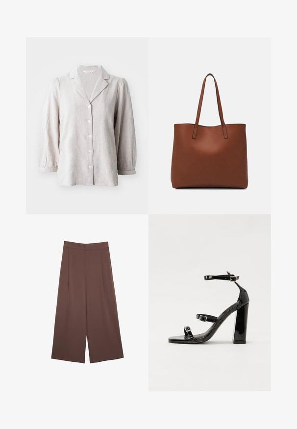 Svetlo siva lanena košulja s ovratnikom, prednjim gumbima i napuhanim dugim rukavima. Ima opušten kroj i teksturiranu tkaninu.; Rjave široke hlače z gladko teksturo, ki imajo visok pas in sprednje naborke. Tkanina je lahka in prosto pada.; Črne lakirane sandale s peto, kvadratnim prstom, trakovi okrog gležnja in srebrnimi zaponkami. Opremljene so s stabilno Debelo peto.; Rjava usnjena torba z gladko teksturo, odprto zasnovo zgoraj in dvema naramnima trakovoma. Opremljena je z minimalnim šivanjem in brez vidnih kovinskih delov.