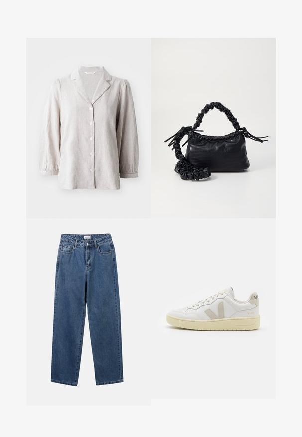 Hellgraues Leinen-Hemd mit Knopfleiste, Kragen und langen gepufften Ärmeln. Verfügt über eine lockere Passform und strukturierte Textur.; Klassische blaue Denim-Jeans mit geradem Bein, fünf Taschen und Knopfverschluss. Sie verfügen über eine mittelblau gewaschene Optik und sind aus robuster Textur.; Weiße Ledersneaker mit beigen Wildlederakzenten, perforierte Zehenbox, flache Schnürsenkel und eine strukturierte cremefarbene Sohle. Mit dezentem Branding an der Ferse.; Schwarze Handtasche aus Kunstleder mit Krokodilstruktur, gerafftem oberen Teil und einem geschoppten Tragegurt. Sie wirkt weich und kompakt im Design.