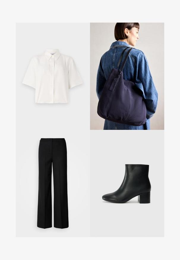 Biała koszula z krótkim rękawem, z kołnierzykiem, zapinana na guziki, o luźnym kroju. Materiał wydaje się gładki i lekki.; Czarne szerokie spodnie o gładkim materiale, z wysokim stanem, dopasowanymi szwami i minimalistycznym designem. Brak widocznych zapięć lub kieszeni.; Czarne skórzane botki za kostkę z ostrym noskiem i masywnym obcasem. Gładka tekstura z minimalnymi akcentami i elegancki, dopasowany fason.; Granatowa torba na ramię z płótna o miękkim, strukturalnym kształcie, z czarnym paskiem, przeszyciami i małą metką marki.