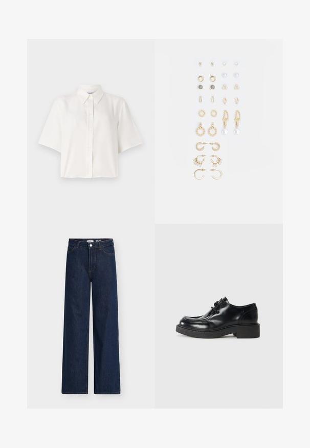 Camicia bianca a maniche corte con colletto, chiusura a bottoni e una vestibilità rilassata. Il materiale sembra liscio e leggero.; Jeans a gamba larga di colore blu scuro con vita alta, realizzati in denim. Presentano tasche frontali, passanti per cintura e chiusura con bottone. Design classico.; Scarpa oxford in pelle nera con punta tonda, design con lacci e suola in gomma nera spessa. Texture liscia e dettagli di cucitura minimi.; Set di orecchini in tonalità oro che presentano vari design, tra cui cerchi, orecchini a perno e pezzi pendenti con perle e strass.