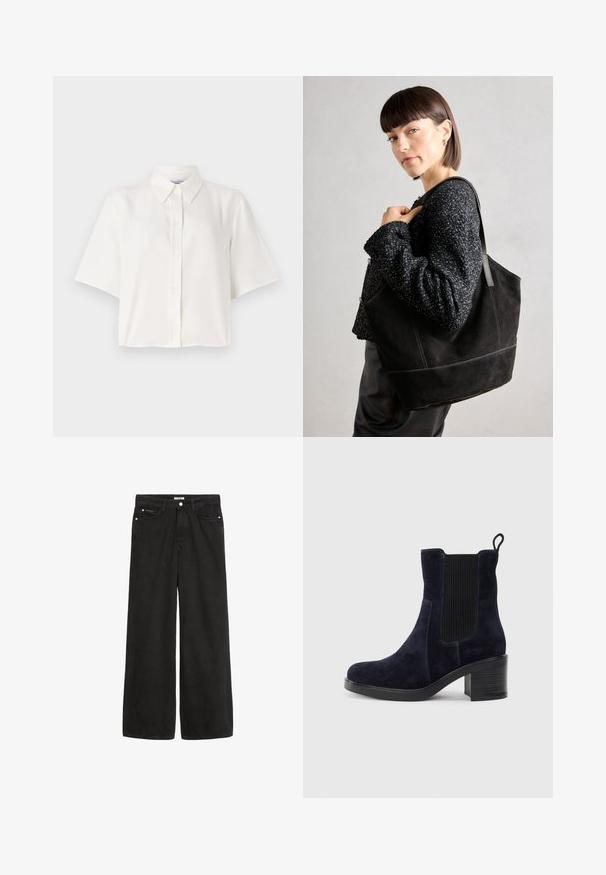 Camisa blanca de manga corta con cuello, botones en la parte frontal y un ajuste relajado. El material parece suave y ligero.; Jeans de mezclilla negra de pierna ancha con una cintura alta. Cuenta con cinco bolsillos, herrajes metálicos y un acabado limpio. La textura es suave y lisa.; Botín de ante azul marino con panel lateral elástico, puntera redondeada y tacón de bloque. La tela texturizada y la suela lisa añaden contraste.; Bolso tote de ante negro con una textura suave, forma estructurada y costuras en contraste. Presenta asas largas para llevar en el hombro.