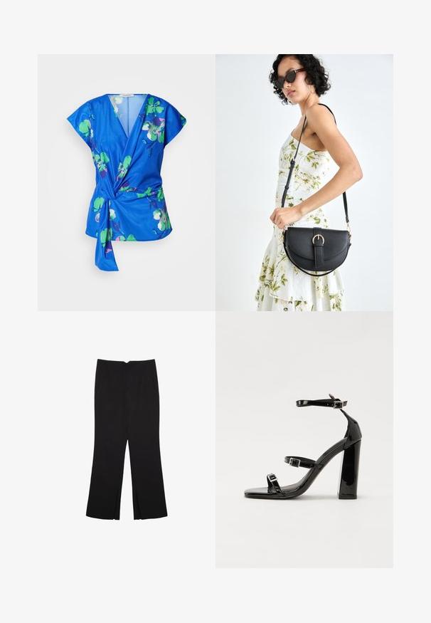 Sininen kukkakuosiset kietaisupaita lyhyillä hihoilla, jossa on vihreitä ja vaaleanpunaisia kukkakuviota, syvä V-pääntie ja solmittava vyötäröyksityiskohta. Pehmeä kangas.; Mustat housut suoralinjaisella leikkauksella, joissa on etutaskut ja sivurei'ät helman alla. Valmistettu pehmeästä ja sileästä kankaasta. Sopii eri tilaisuuksiin.; Musta kiiltävä korkokenkä sandaalit neliönmuotoisella varpaalla, nilkkaremmillä ja hopeisilla soljilla. Varustettu tukevalla lohkokorkealla vakauden takaamiseksi.; Musta nahkainen käsilaukku, joka on kaareva muotoilultaan, irrotettavalla hihnalla ja kultaisilla yksityiskohdilla. Laukussa on läppä, jossa on solk yksityiskohta.