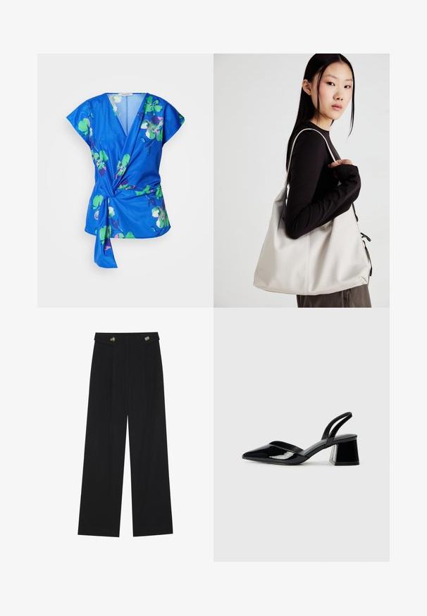 Blue floral wrap top with short sleeves, featuring green and pink flower patterns, a deep V-neck, and a tied waist detail. Soft fabric texture.; Black wide-leg trousers with high waist, button details on waistband, and front pleats.; Black patent leather slingback heels with a pointed toe and a geometric block heel. Features a sleek, minimal design and smooth texture.; Beige handbag made of soft material, featuring a slouchy design, stitched detailing, and two shoulder straps. Suitable for everyday use.