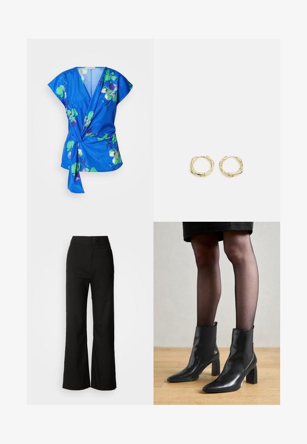 Blusentop mit blauen Blumenmotiven und kurzen Ärmeln, das grüne und pinke Blumenmuster aufweist, einen tiefen V-Ausschnitt hat und mit einer gebundenen Taille versehen ist. Weiche Stofftextur.; Schwarze weit geschnittene Hosen mit glatter Textur, hoher Taille und klarem Design. Keine sichtbaren Taschen oder Verzierungen.; Schwarze Leder-Ankle-Boots mit spitzer Zehenform, klobigem quadratischem Absatz und schlankem Design. Verfügt über elastische seitliche Einsätze für leichtes An- und Ausziehen.; Goldene Creolen mit einer strukturierten, unregelmäßigen Form. Sie verfügen über einen nahtlosen Verschluss und eine polierte Oberflächenbehandlung, die ein modernes Design betont.