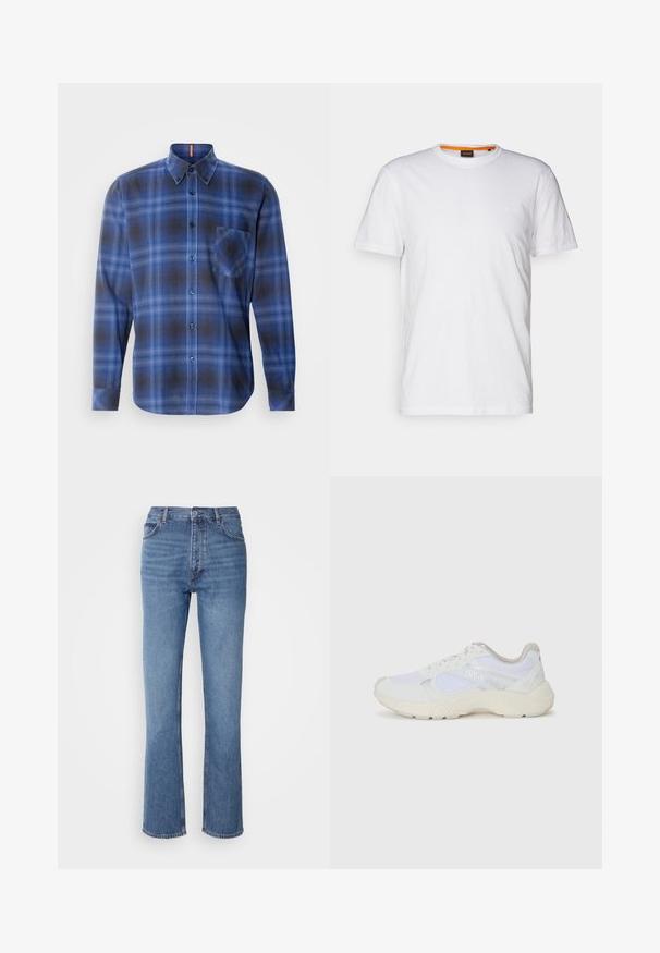 BOSS RICKERT - Ing - open blue; Fehér pamut póló kerek nyakkivágással, rövid ujjakkal, és finoman domborított logóval a mellkason. A belső címke narancssárga akcentussal rendelkezik.; Kék farmernadrág magas derékkal, egyenes szabású dizájnnal és enyhe kopással. Jellemzője az klasszikus öt zsebes kialakítás és cipzáras zárás.; Fehér sportcipők, amelyek hálós és velúr anyagból készültek, texturált középtalppal, texturált részletekkel és a "HUGO" logóval az oldalon.
