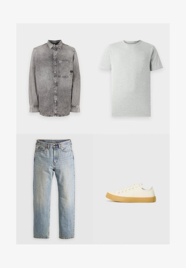Graues Denim-Hemd mit Knopfleiste, langen Ärmeln, mittlerem Stoffgewicht, einer Brusttasche, abgedunkeltem Finish mit kontrastierenden Knöpfen, klassischem Kragen.; Ein einfarbiges, hellgraues T-Shirt mit kurzen Ärmeln und Rundhalsausschnitt, auf einem weißen Hintergrund, Frontansicht, ohne sichtbare Logos oder Designs.; Helle blaue Jeans mit hoher Taille, Frontknopf, Reißverschluss und fünf Taschen-Design, flach auf einem neutralen Hintergrund ausgelegt.; Leinensneaker in Off-White mit runder Zehenpartie, ausgestattet mit beigen Gummisohlen und fünf Ösen für Schnürsenkel, mit strukturiertem Finish auf dem Obermaterial.