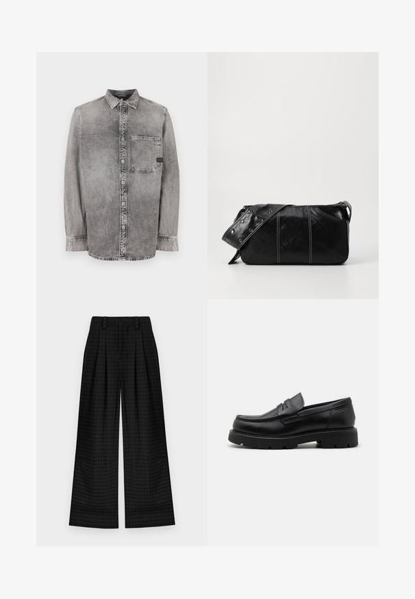 Gray denim button-up shirt, long sleeves, medium weight fabric, single chest pocket, faded finish with contrasting buttons, classic collar.; Black checkered wide-leg trousers with pleats, featuring a smooth texture and classic design. Lightweight fabric for comfort.; Black leather loafers with a rounded toe, textured accents on the front, and a chunky rubber sole with grooves for traction.; Black leather shoulder bag with a zip closure, featuring a textured body, white stitching, and a strap with silver grommets.