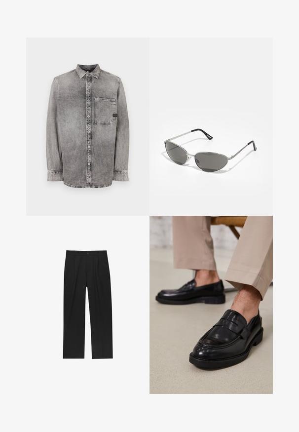 Šedá rifľová košeľa na gombíky s dlhými rukávmi, stredne ťažká tkanina, jedna náprsní vrecko, vyblednutý vzhľad s kontrastnými gombíkmi, klasický golier.; Čierne nohavice s rovnými nohavicami, vyrobené z hladkej tkaniny. Majú predné puky a jediné gombíkové zapínanie v páse.; Čierne kožené poltopánky s hladkým povrchom, so zdobným remienkom a kontrastným prešívaním, skombinované s béžovými nohavicami.; Slnečné okuliare s elegantným, strieborným kovovým rámom, sivými tónovanými sklami a aerodynamickým dizajnom s ostrými hranami a tenkými rámikmi.; Urban Classics CROSS NECKLACE - Náhrdelník - silver-coloured