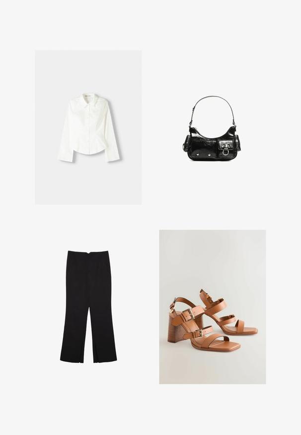 Biela košeľa na gombíky s dlhými rukávmi, s klasickým golierom, štruktúrovaným strihom a jemnými vertikálnymi švami pre pridaný detail.; Čierne nohavice so strihom rovného strihu, s prednými vreckami a bočnými rozparkami na leme. Vyrobené z mäkkej, hladkej tkaniny. Vhodné na rôzne príležitosti.; Hnedé kožené sandále na vysokom podpätku s viacerými popruhmi, zlatými kovovými doplnkami a šikmým blokovým podpätkom. Hladká textúra, otvorený dizajn špičky.; Čierna laková kožená kabelka s ohnutým tvarom, jedným ramenným popruhom, prednými vreckami a striebornými kovovými doplnkami.