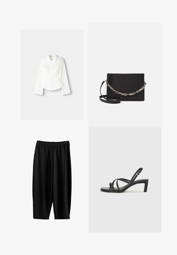 Cămașă albă cu nasturi, cu mâneci lungi, având un guler clasic, un croi structurat și cusături verticale subtile pentru un plus de detaliu.; Pantaloni negri până la genunchi, confecționați din material elastic, cu talie lată și textură netedă. Au un croi lejer și relaxat.; Sandal cu barete negre, cu vârf pătrat și toc mic de bloc. Prezintă mai multe barete subțiri și o bareta ajustabilă la gleznă. Fabricat din piele netedă.; Geantă de umăr din piele neagră, cu o textură netedă, formă rectangulară și un detaliu din lanț metalic în față. Include curea reglabilă.