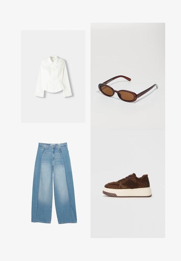 White button-up shirt with long sleeves, featuring a classic collar, structured fit, and subtle vertical seams for added detail.; Wide-leg denim jeans in light blue, featuring a unique design with two textured panels. Five-pocket style with a button closure.; Brown platform sneakers featuring textured fabric with sparkly accents, a plush collar, and a durable rubber sole.; Round, brown-tinted sunglasses with a glossy burgundy frame. Slim arms with subtle branding detail. Flat lens design.