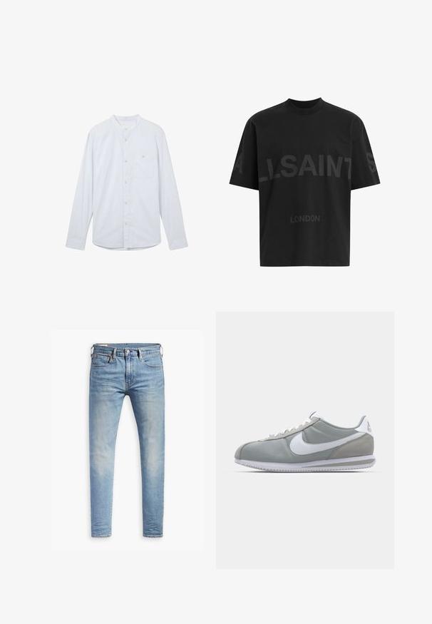 Ljusblå långärmad skjorta med mandarinkrage, framknäppning och en enda ficka på vänster bröst. Tillverkad av texturerat tyg.; Svart oversized T-shirt med mörkgrå "ALLSAINTS"-text över bröstet och "LONDON" i mindre bokstäver nedanför.; Ljust blå smala jeans med lätt blekning på låren, framknäppning, bältesslingor och fem fickor på en vit bakgrund.; Grå idrottssko med ovandel i mocka och textil, vit Nike-swoosh och vita snören. Har en texturerad gummisula och vadderad krage.