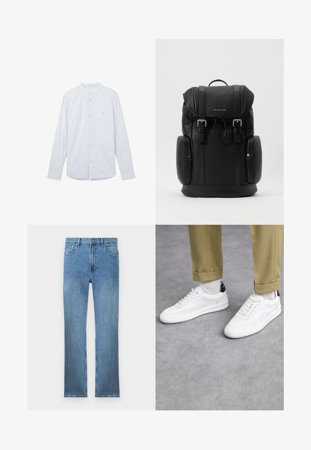 Lichtblauwe lange mouw shirt met een Mandarin kraag, front knoopsluiting en een enkele linkerborstzak. Gemaakt van gestructureerde stof.; Lichtblauwe denim jeans met een rechte snit, vijf zakken, een ritsluiting en contrasterende stiksels. De stof heeft een gladde, gestructureerde afwerking.; Witte sneakers met een textuur van leerafwerkingen, een ronde neus en een zwarte hielaccent. Rubberen zool met een klein profiel en gestikte details.; Zwarte leren rugzak met een gestructureerd oppervlak, klepsluiting, metalen hardware, zij-vakjes met rits en het merklogo aan de voorkant.