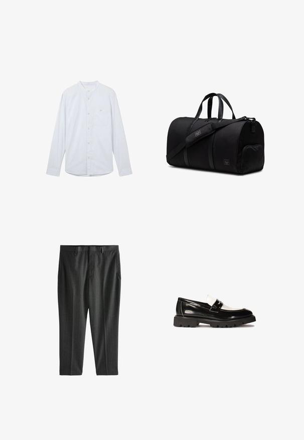 Chemise à manches longues bleu clair avec un col mandarin, fermeture par boutons à l'avant et une seule poche sur la poitrine gauche. Fabriquée en tissu texturé.; Next STRIPE-REGULAR FIT - Chino - charcoal grey; Mocassins en cuir verni noir avec un accent en cuir blanc, semelle épaisse en caoutchouc noir, et détails cousus. Texture lisse avec une finition brillante.; Sac de sport noir en tissu durable avec des accents en cuir, doté de poignées doubles, d'une bandoulière réglable et d'une poche latérale zippée.
