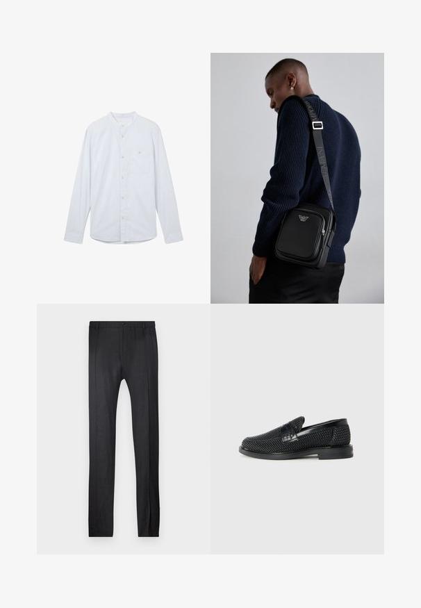 Világoskék hosszú ujjú ing, mandarin gallérral, elöl gombos záródással és egyetlen bal oldali zsebével. Textúrált anyagból készült.; Emporio Armani TROUSER - Nadrágok - nero; Fekete szőtt slip-on cipő sima bőr díszítéssel a felsőrészen, kerek orral és alacsony profilos gumitalppal.; Fekete bőr keresztpántos táska cipzáras rekesszel, logó részlettel és márkázott állítható pánttal. Egy texturált tengerészkék pulóver mellett viselve.