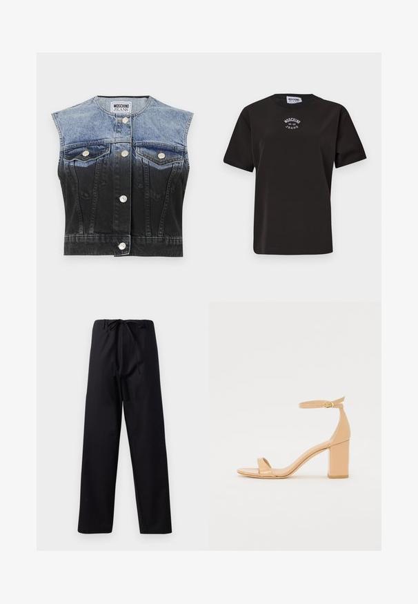 Denim vest featuring a faded blue to black ombre effect, sleeveless design, two chest pockets, silver buttons, and a curved hem.; Black cotton t-shirt with short sleeves, featuring a round neckline and a white embroidered logo "Moschino Jeans" on the chest.; Black, medium-weight pants with a drawstring waist, straight leg design, and no visible patterns or accents. Smooth texture.; Nude patent leather heeled sandals with a square toe, ankle strap, and a chunky block heel. Smooth texture and minimal design details.