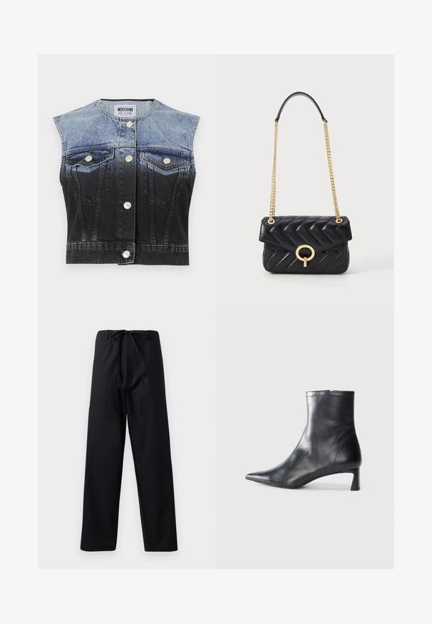 Jeansväst med en blekt blå till svart ombre-effekt, ärmlös design, två bröstfickor, silverknappar och en rundad nederkant.; Svarta, medeltunga byxor med dragsko i midjan, rak benform och inga synliga mönster eller dekorationer. Slät textur.; Svart läder ankelboot med spetsig tå och en smidig design. Har en låg klack och en dragkedjestängning bak. Slät textur.; Svart quiltad läderhandväska med en kedjestrap i guld, med ett runt guldspänne och en klaffstängning. Kompakt rektangulär form.