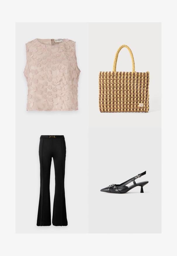 Top bez rukava u svijetlo ružičastoj boji, s cvjetnim vezom s uzdignutim akcentima, okruglim izrezom i zatvaranjem na zatvarač na leđima. Mekana prozirna tkanina.; Crne visokotalne flare hlače s prednjim šavnim detaljima i tankim remenom koji ima zlatnu kopču u obliku konjića oko struka.; Crne kožne cipele s remenom oko pete, s izduženim vrhom, dekorativnim trakama s metalnim rupama i niskom blok petom. Teksturirana površina.; Tkanirana torba u smeđoj i žutoj boji, s pravokutnim oblikom, dvije ručke i teksturiranom površinom s vidljivim šavovima i oznakom brenda.