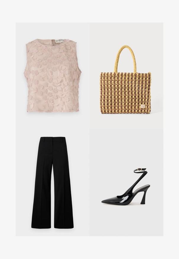 Klātas bez piedurknēm gaisīgi rozā krāsā, ar ziedu izšuvumiem un reljefām akcentiem, apaļu apkakli un aizmugurējo rāvējslēdzēja aizdari. Mīksta caurspīdīga auduma.; Melni plati bikses ar gludu tekstūru, strukturētu jostasvietu un priekšējām krokām. Minimalistisks dizains bez redzamām detaļām.; Melnas patentā ādas augstpapēžu kurpes ar norādītu purngalu, regulējamu potītes siksniņu un mērenu bloku papēdi. Gluda tekstūra ar spīdīgu apdari.; Auduma soma brūnā un dzeltenā krāsā, ar taisnstūra formu, divām rokturu siksnām un teksturētu apdari ar redzamām šuvēm un zīmola birku.