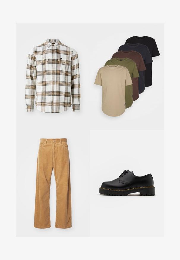 Lee CLEAN WESTERN - Button down-skjorte - ecru ochre plaid; Fem t-skjorter arrangert i gradientfarger: beige, oliven, brun, mørk blå og svart. Laget av myk bomull med korte ermer og rund hals.; Bredde benbukser i kordfløjl i en tanfarve. Har strukturerede, lodrette ribber, med en standard talje og to forlommer.; Svart lær snøresko med rund tå, teksturert gummisåle og gul søm rundt bunnen. Flat design og glatt overflate.